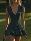 Elegant Sports V-Neck Pleated Hem Dark Green Stretch Mini Dress