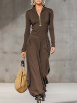 Casual Retro Sports Dark Gray Half-high Collar Front Zipper Long-sleeved Top And Wide Pants Set