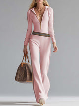 Retro Fashion Sports Hooded V-neck Front Zipper Off-white Knitted Jumpsuit