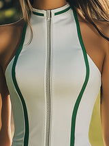 【24-hour shipping out】White And Green Contrast Sleeveless Zip-Up Sporty Chic Mini Dress