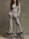 Fashionable Sporty Grey Half-zip Top With Plaid Ruffled Flared Pants Set