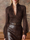 Elegant V-neck Lace Print Mocha Brown Long-sleeved Shirt