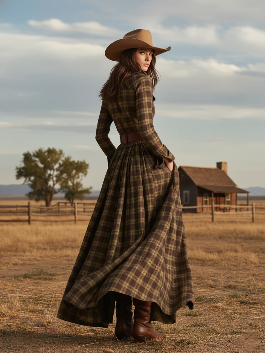 Plaid Lapel Maxi Dress in Reddish Brown