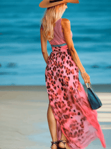 【24-hour shipping out】Retro Fashion Contrast Color V-Neck Leopard Print Pink Chiffon Slit Maxi Dress