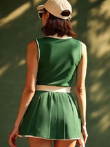 【24-hour shipping out】Casual Fashion Polo Neck White Trim Green Sleeveless Mini Dress