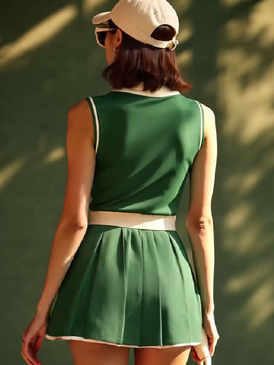 【24-hour shipping out】Casual Fashion Polo Neck White Trim Green Sleeveless Mini Dress