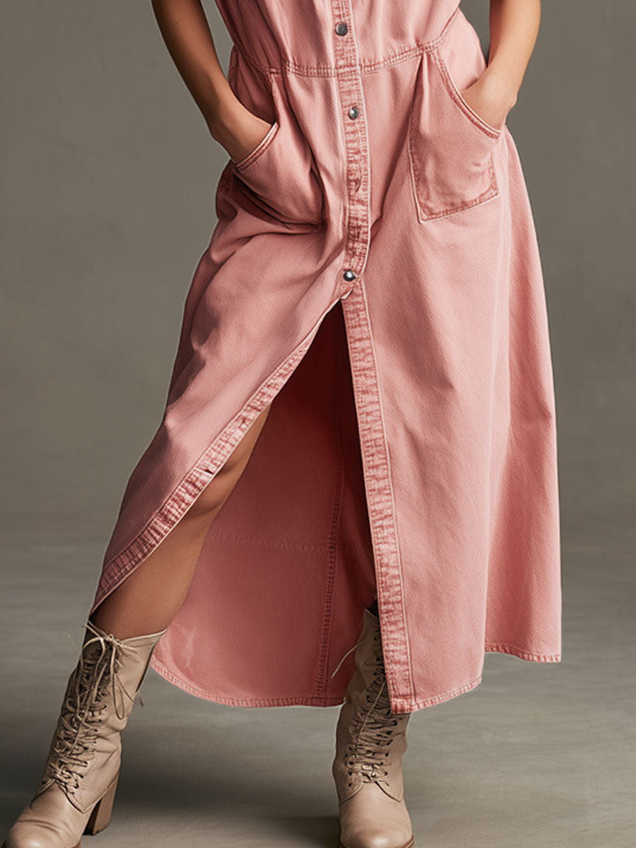 Casual Retro Pink Denim Short-sleeved Shirt Maxi Dress