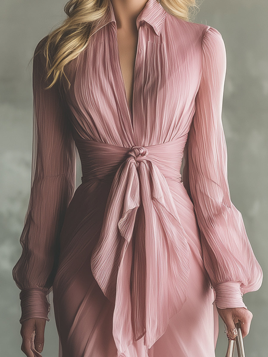 Pink Chiffon Bow-Tied Irregular Hem Maxi Dress