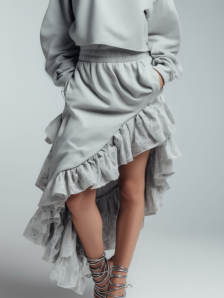 Casual And Stylish Loose-fitting Light Gray Sweatshirt With Ruffled Trim And Irregular Skirt Set