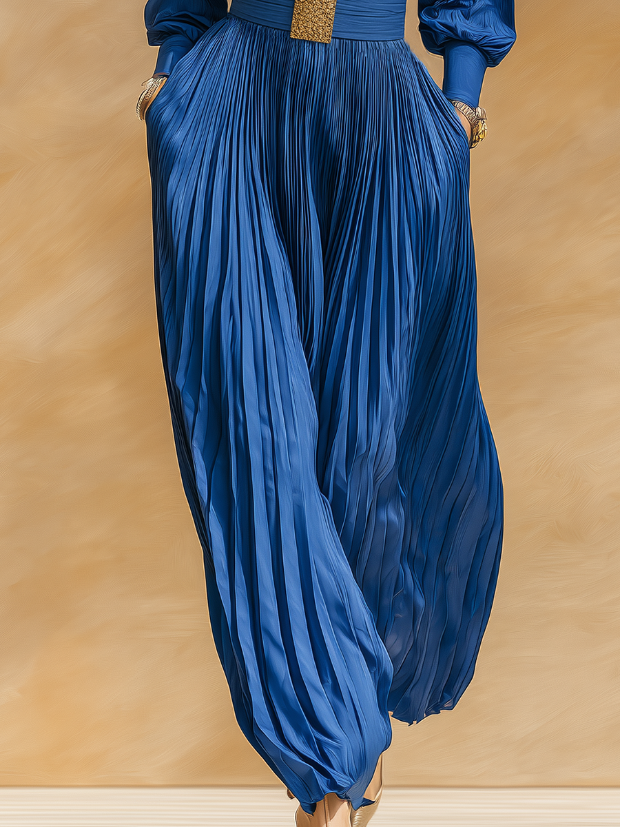 High-end Chic Pleated Royal Blue Satin Maxi Dress