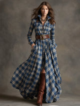 Plaid Lapel Maxi Dress in Reddish Brown