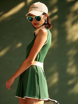 【24-hour shipping out】Casual Fashion Polo Neck White Trim Green Sleeveless Mini Dress