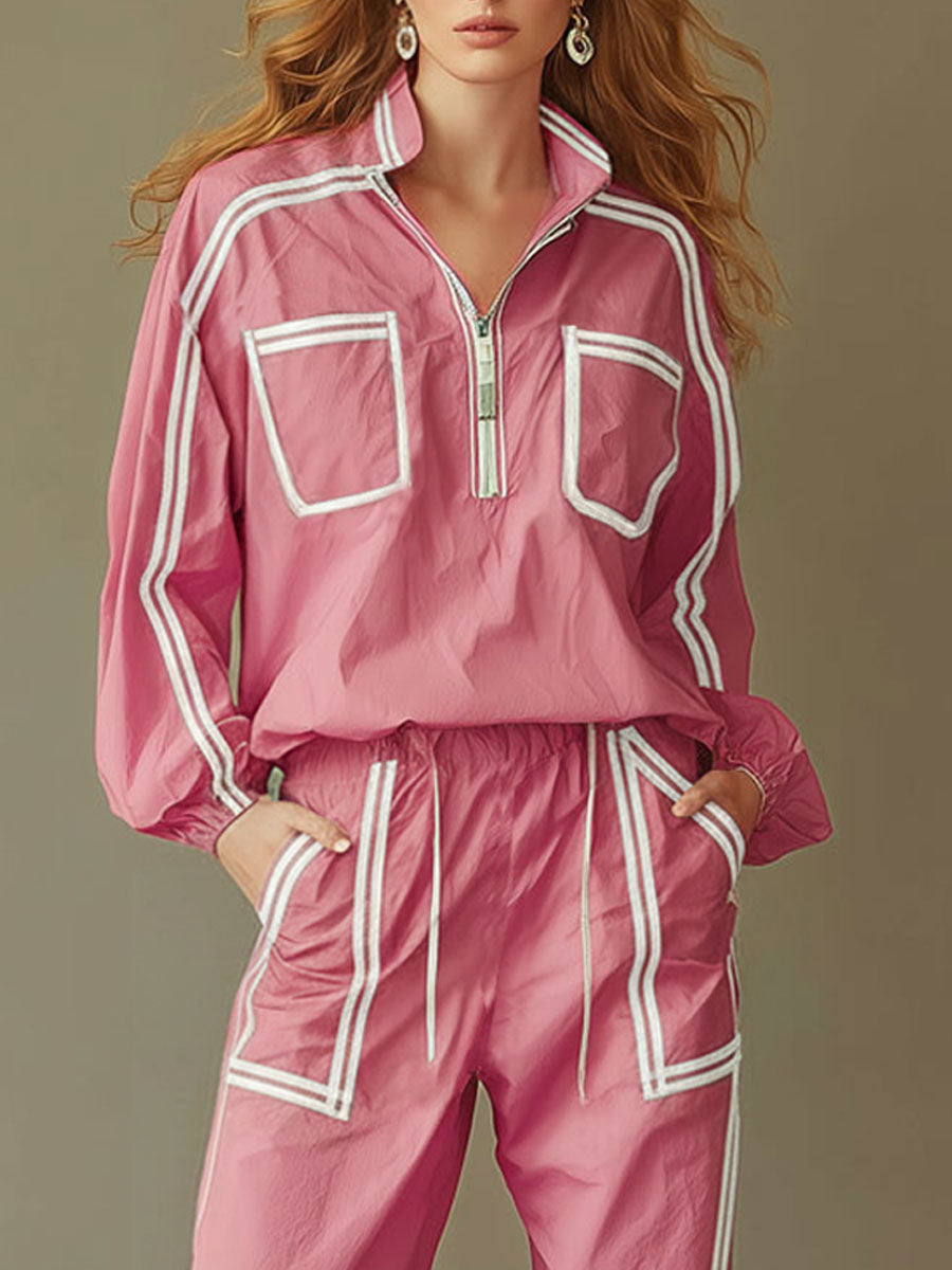 Casual Sporty Retro Pink Quick-drying Outdoor Top And Wide-leg Pants Set