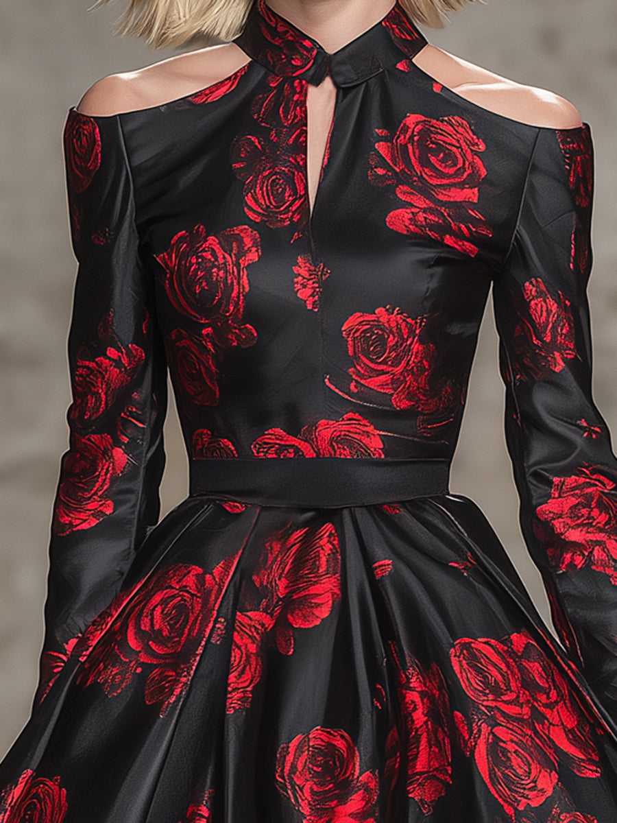 Elegant BlackWith Red Rose Pattern And Cutout Neckline Mini Dress