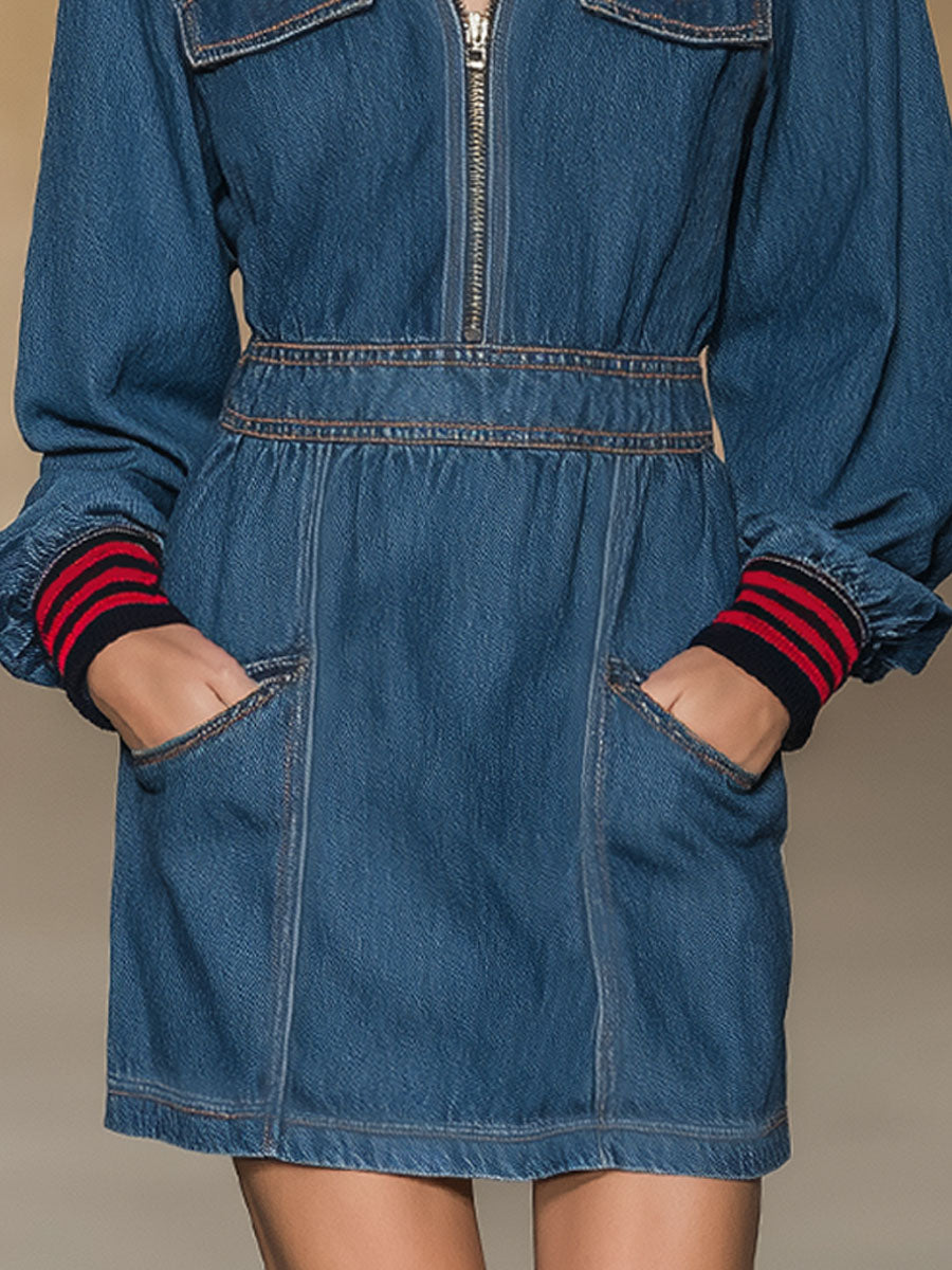 Retro Style Stand-collar Zippered Multi-pocket Denim Long-sleeved Mini Dress