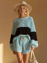 Stylish And Casual Blue And Black Knitted Top And Shorts Set