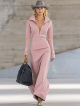 Elegant Retro Sporty V-neck Front Zipper Long-sleeved Pink Maxi Dress