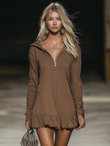 Casual Fashion Loose Brown Long Sleeve Ruffle Hem Hooded Mini Dress
