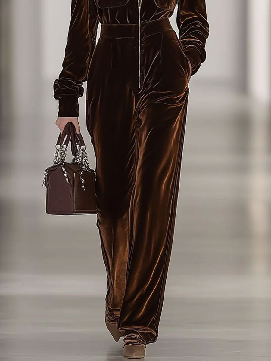 【24-hour shipping out】Casual Loose Vintage Velvet Multi-Pocket Zipper Long Sleeve Jumpsuit