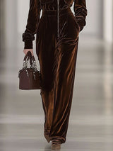 【24-hour shipping out】Casual Loose Vintage Velvet Multi-Pocket Zipper Long Sleeve Jumpsuit