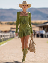 Retro Western Style Green Fringed Faux Suede Mini Dress