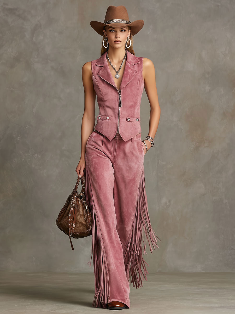 Western Retro Pink Faux Suede Vest And Tassel Pants Set