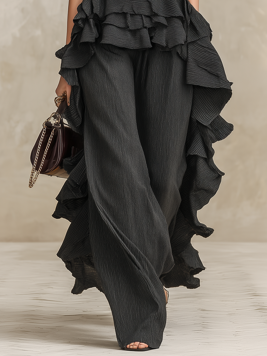 Avant-garde And Fashionable Sleeveless Top With Ruffle Details And Matching Trousers Set