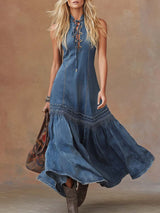 Vintage Tie-Neck Bubble-Hem Denim Maxi Dress