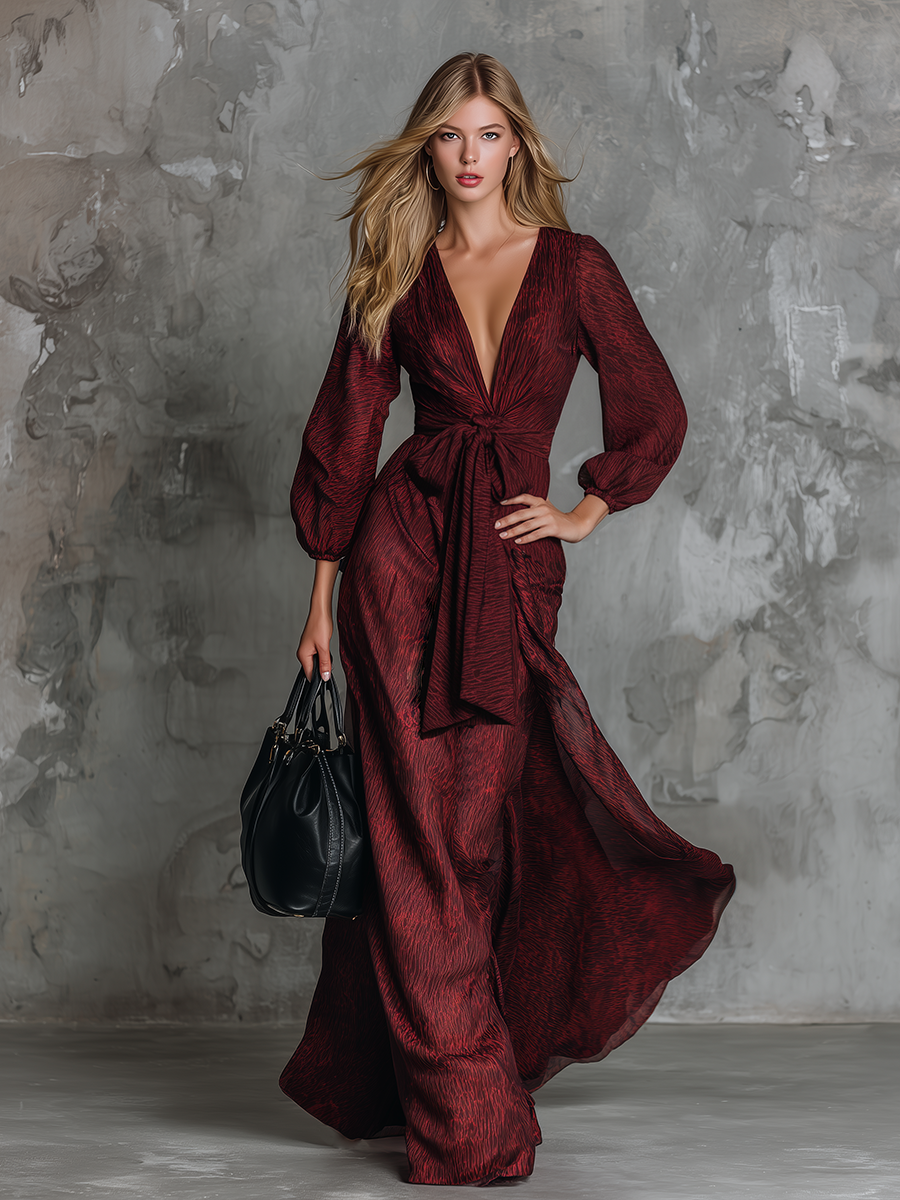 High-end Chic V-neck Tie-up Burgundy Satin Jacquard Maxi Dress