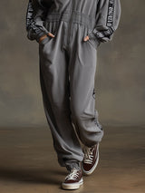Sporty Retro Letter Webbing Dark Gray Pure Cotton Long-Sleeved Hooded Jumpsuit
