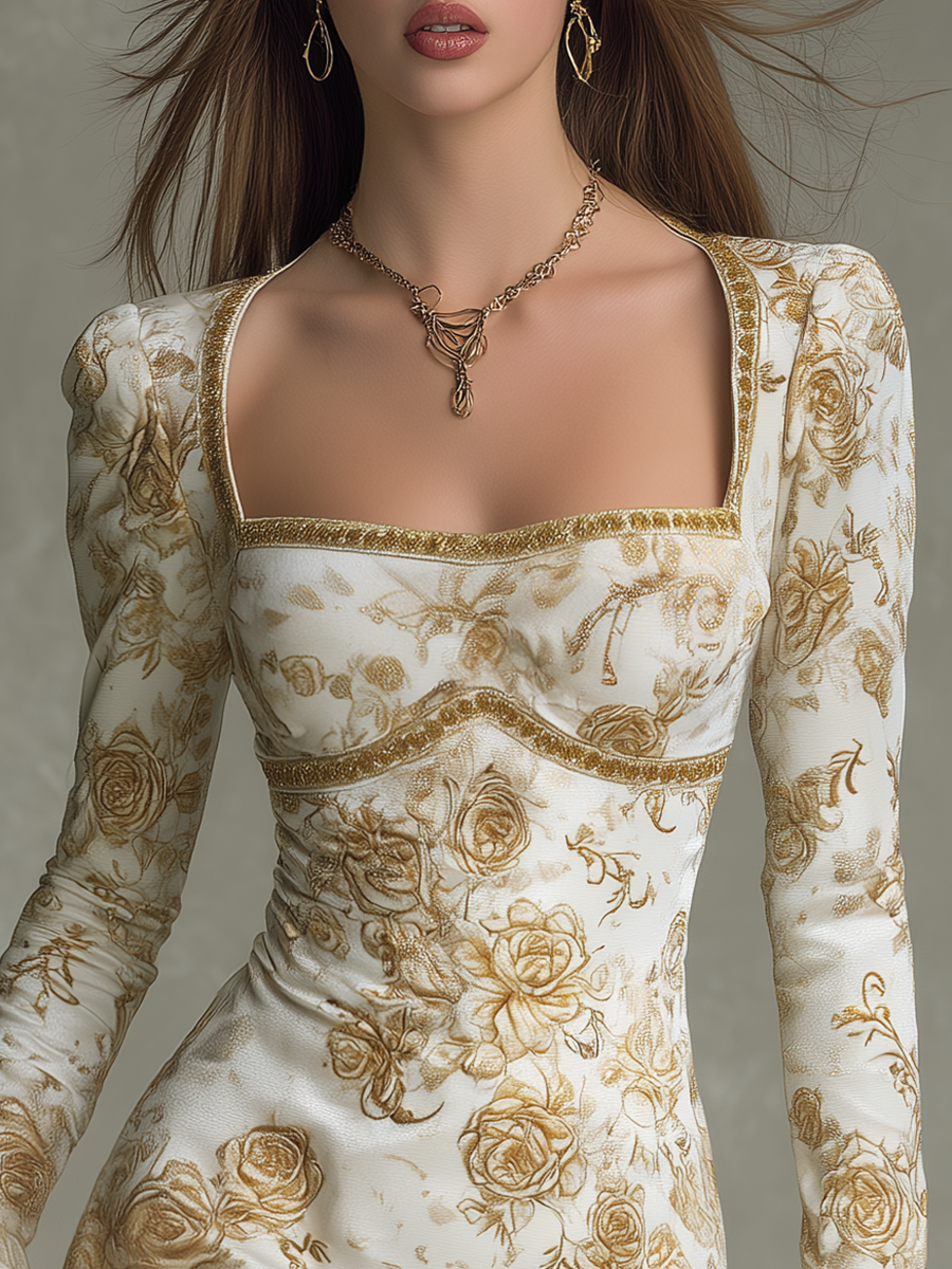 Elegant Vintage-style Gold Trim Rose Print Velvet Mini Dress