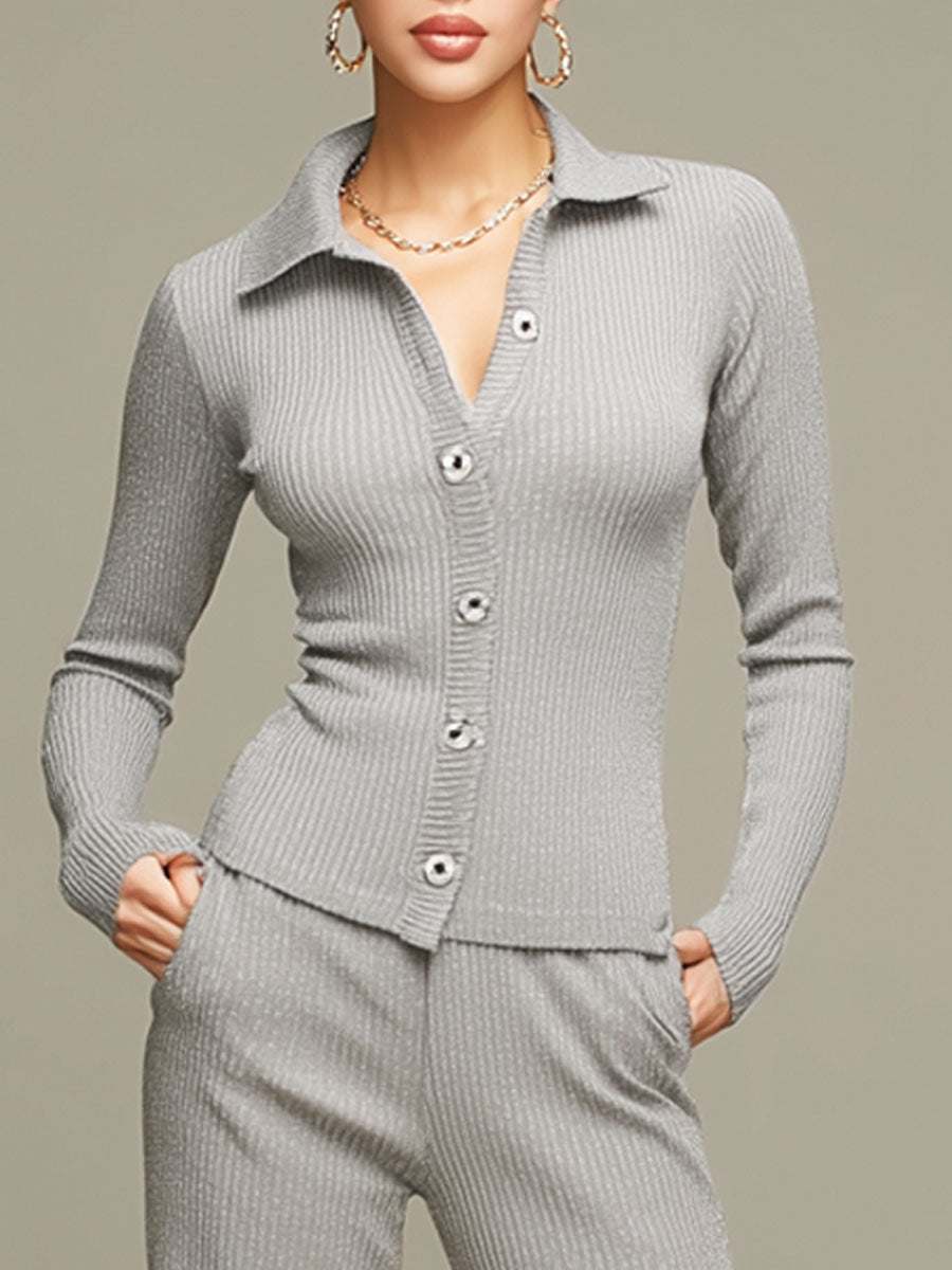 Sporty Grey And Silver-thread Knit Ribbed Cardigan And Flared Pants Set
