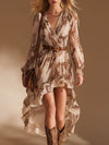 Elegant And Flowing V-Neck Brown Snake Print White Chiffon Midi Dress