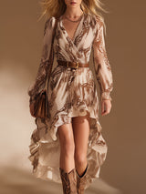 Elegant And Flowing V-Neck Brown Snake Print White Chiffon Midi Dress