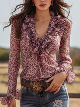 Pink Leopard Chiffon With Ruffled Lace V-neck Long-sleeved Shirt