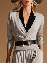 Casual Black Halter-neck Two-piece Style Grey Cotton Top And Pants Set