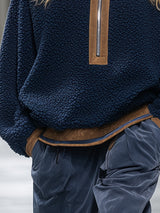 Retro And Fashionable Brown Trim Blue Teddy Fleece Sweatshirt