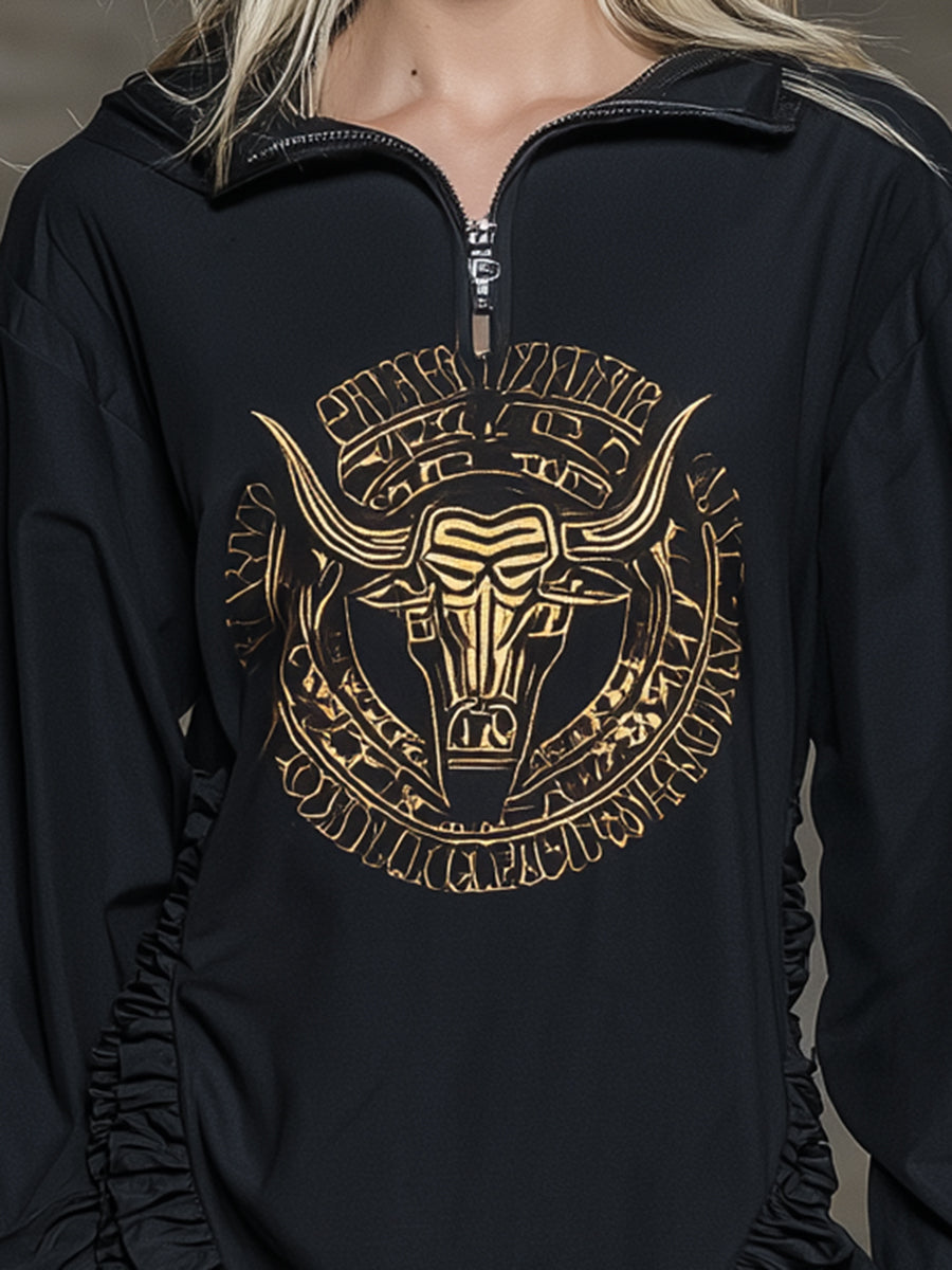 Stylish Black With Bull Head Print And Ruffled HemMini Dress