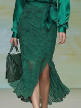 Stylish And Elegant Green Satin Blouse And Lace Skirt Set