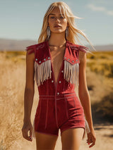 Western Cowboy Style Red Suede Silver Button Beige Tassel Jumpsuit