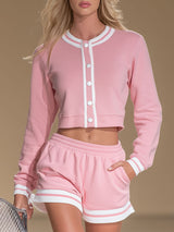 Casual Round-neck Button-up Short Jacket And Shorts Set