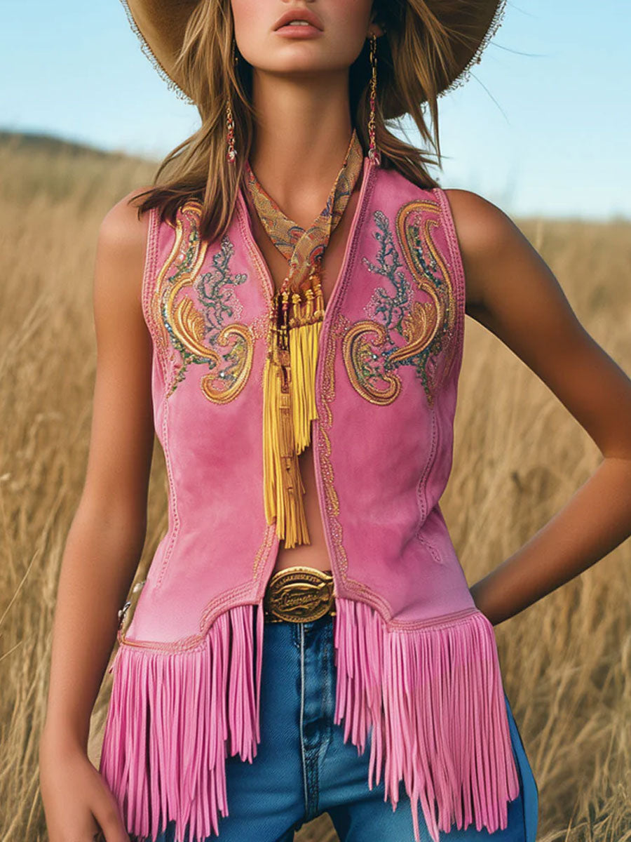 【24-hour shipping out】Casual Loose Vintage Gold Embroidery Pink Suede Tassel Vest