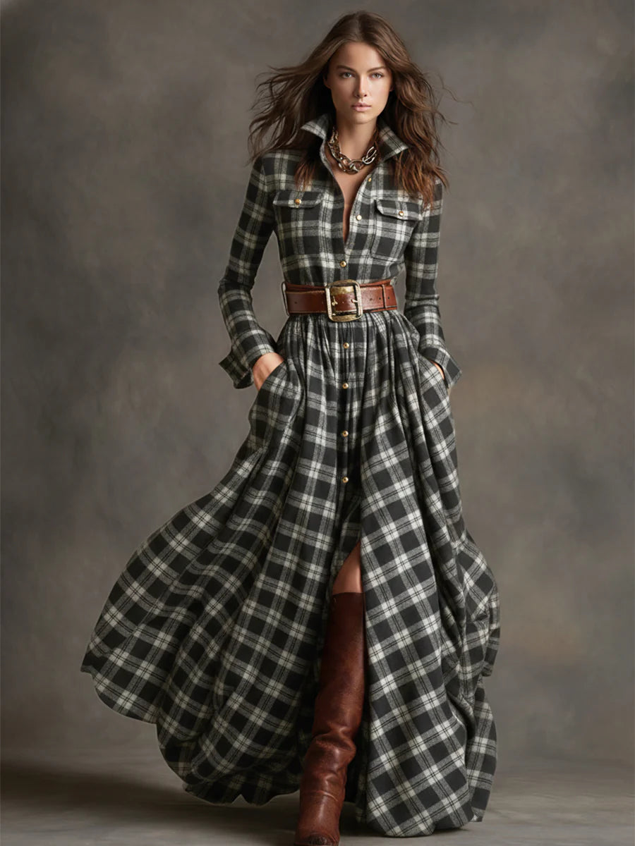 Plaid Lapel Maxi Dress in Reddish Brown