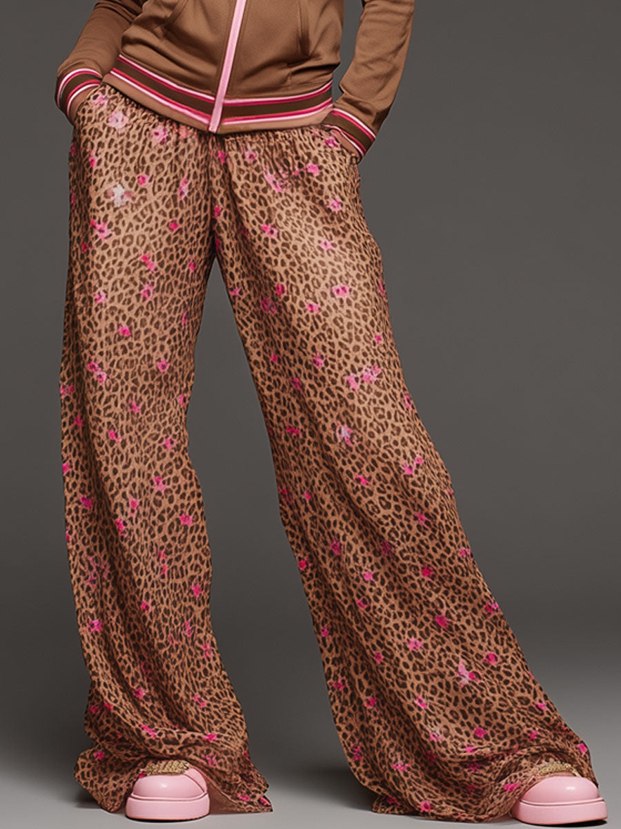 Sporty Retro Brown Hooded Sweatshirt With Leopard Print Chiffon Wide-Leg Pants Set