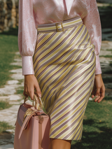 Elegant And Romantic Pink Rose Ribbon Shirt Striped Skirt Satin Set