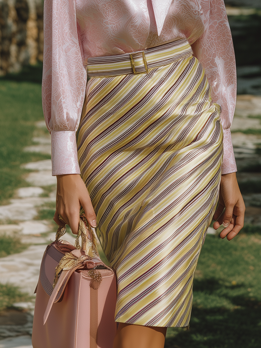 Elegant And Romantic Pink Rose Ribbon Shirt Striped Skirt Satin Set