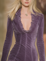 Vintage High-quality Faux Suede Long-sleeved Mini Dress With Ruffle Details