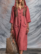 Western-style Pink Linen Button-down Hooded With Partial Zebra Print Midi Dress