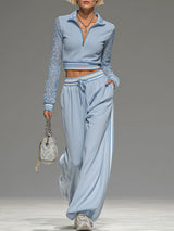 Lace Long-sleeved Zip-up Cropped Top And Wide-leg Pants Set