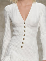Elegant White Waffle-knit Mini Dress With Buttons And Ruffle Details